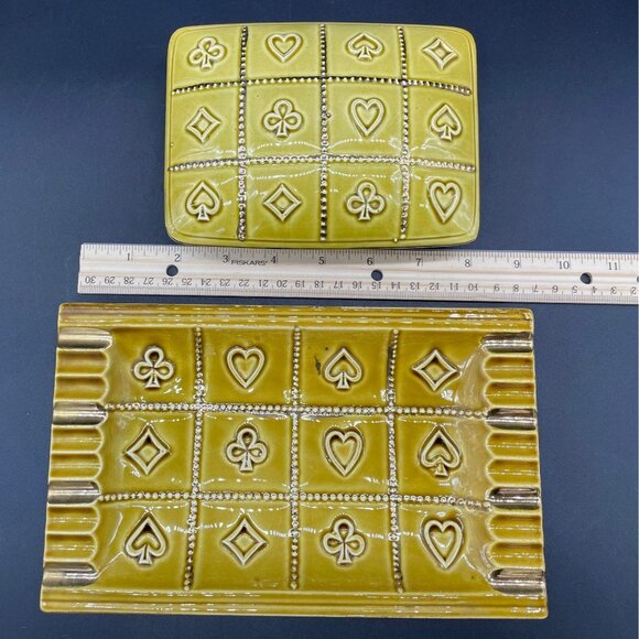 Vintage Cigarette Box Ashtray Set Mid Century Ceramic Card Suits Yellow Gold 60s - Picture 8 of 9